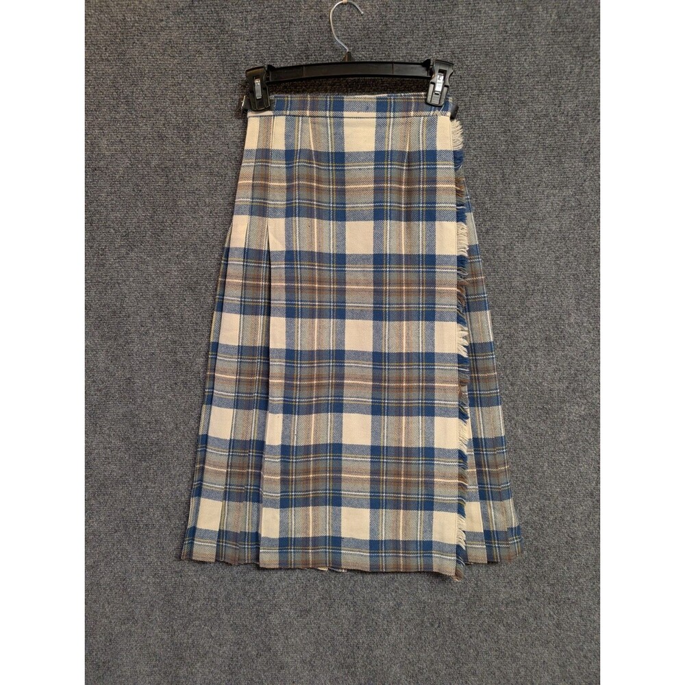 Pitlochry Scotland Skirt 10 Wool Plaid Kilt Midi Blue Cream Pleated Y2K